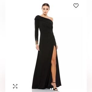 Mac Duggal Beaded Cuff Drop Shoulder Faux Wrap Gown